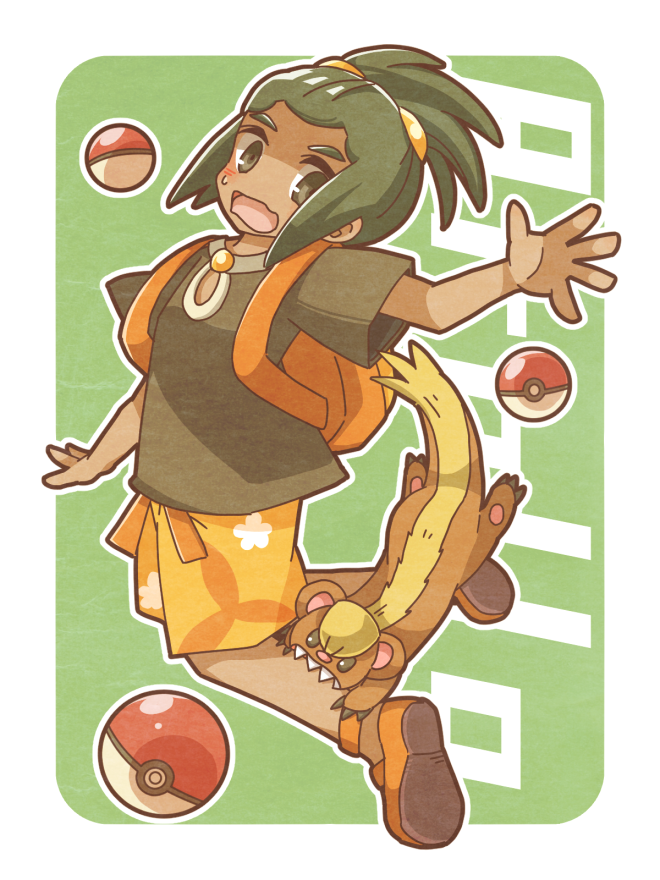 1boy, biting_another's_leg, full_body, green_eyes, green_hair, hau_(pokemon), hinata_haruhana, male_focus