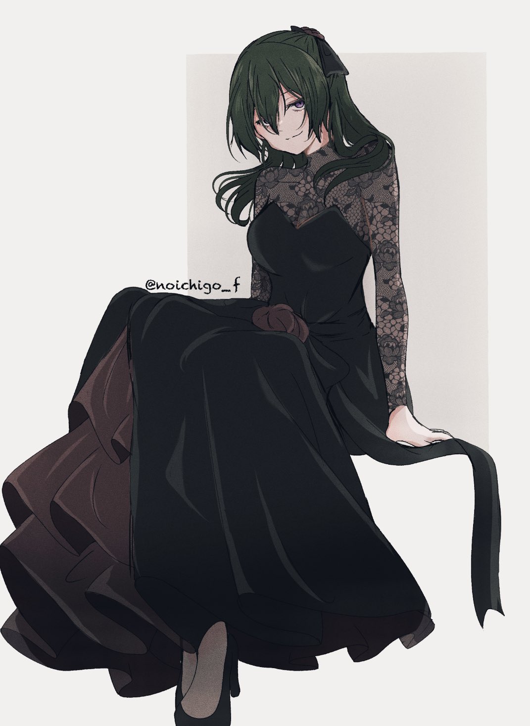 1girl, artist_name, black_dress, black_shoes, dress, full_body, green_hair, hair_between_eyes
