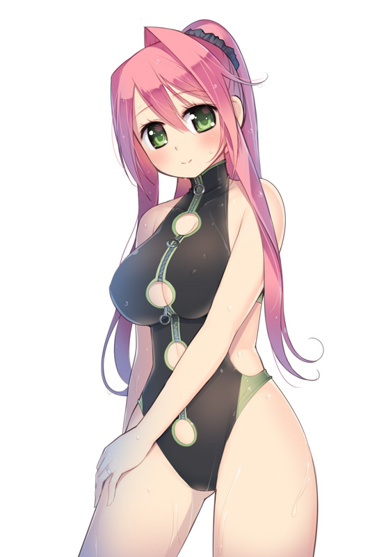 1girl, arima_kanae, black_swimsuit, blush, breasts, cleavage, cleavage_cutout, green_eyes, jewelry, kashiwamochi_yomogi, large_breasts, long_hair, one-piece_swimsuit, original, pink_hair, ponytail, ring, simple_background, smile, solo, swimsuit, wet