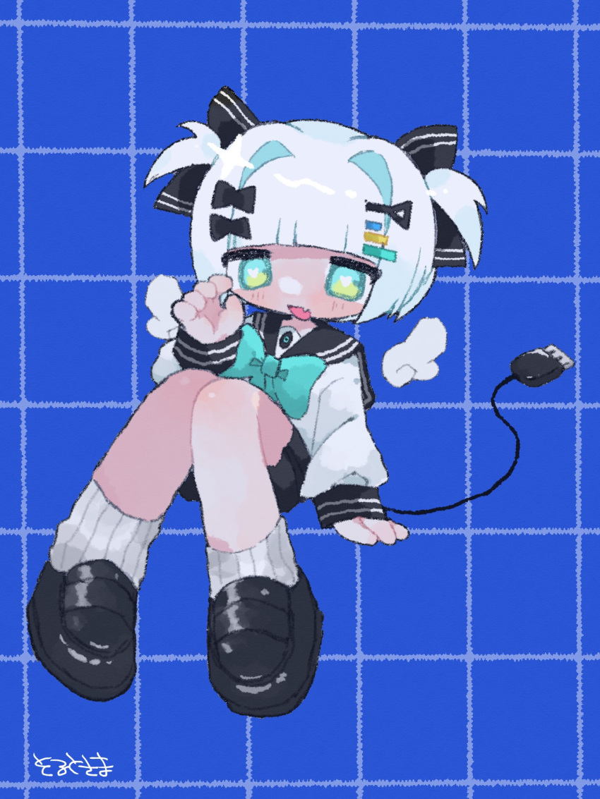 1girl, aqua_bow, aqua_bowtie, aqua_eyes, black_bow, black_sailor_collar, black_shoes, black_skirt, blue_background, blunt_bangs, blush, bow, bowtie, detached_wings, electric_plug, electric_plug_tail, fang, full_body, green_eyes, grid_background, hair_bow, hair_intakes, hair_ornament, hand_up, heart, heart-shaped_pupils, highres, invisible_chair, knees_together_feet_apart, loafers, long_sleeves, looking_at_viewer, memeshii_(utau), mini_wings, miniskirt, multicolored_eyes, multiple_hair_bows, sailor_collar, salt_sama, school_uniform, serafuku, shoes, short_hair, signal_bar, signature, sitting, skin_fang, skirt, smile, socks, solo, symbol-shaped_pupils, tail, two-tone_eyes, two_side_up, white_hair, white_socks, wings