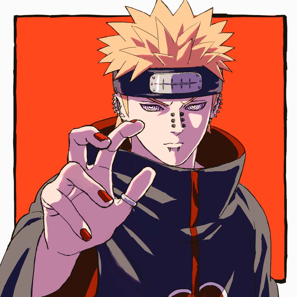 1boy, akatsuki_uniform, amegakure_symbol, closed_mouth, ear_piercing, face_piercing, forehead_protector, jewelry