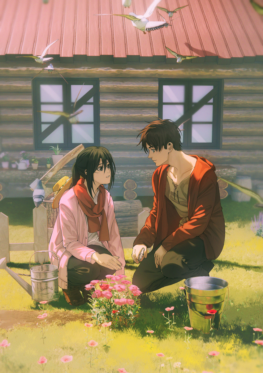 1boy, 1girl, absurdres, axe, bird, black_hair, black_pants, boots