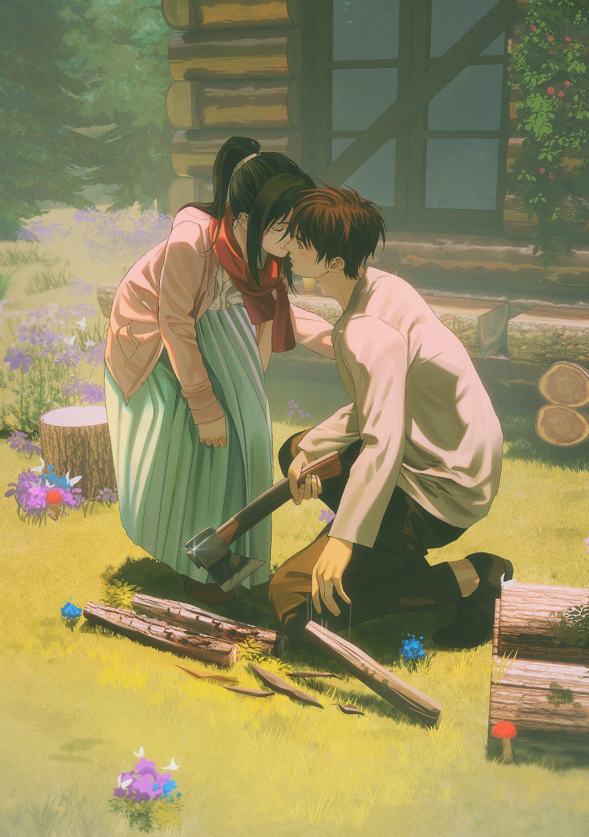 1boy, 1girl, absurdres, axe, black_eyes, black_hair, blue_flower, blush