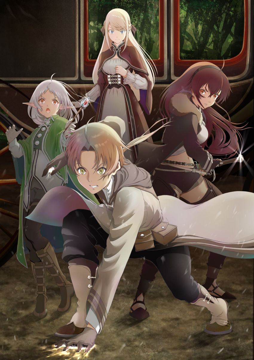1boy, 4girls, ahoge, ariel_anemoi_asura, belt_pouch, blonde_hair, blue_eyes, brown_hair