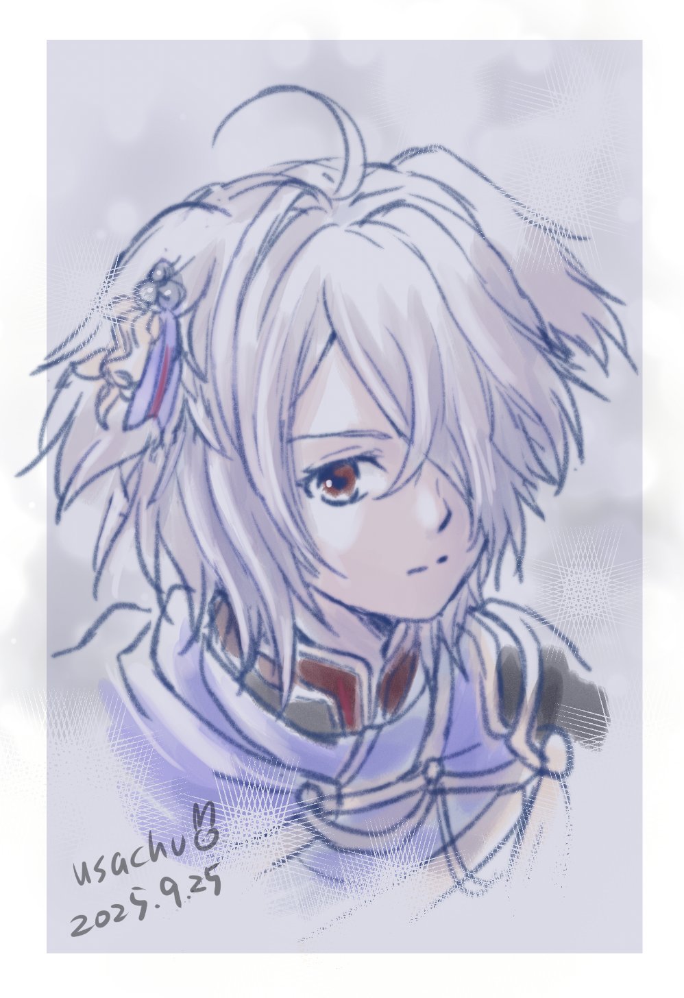 1girl, ahoge, aiguillette, animal_ears, armor, artist_name, blue_cape, border, cape, closed_mouth, collared_jacket, commentary_request, dog_ears, fire_emblem, fire_emblem_shadows, hair_over_one_eye, highres, jacket, kurt_(fire_emblem), outside_border, pauldrons, portrait, red_eyes, shoulder_armor, single_pauldron, solo, usachu_now, white_border, white_hair