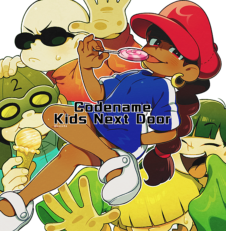 2girls, 3boys, bald, black_hair, blonde_hair, codename:_kids_next_door, dark_skin, earrings