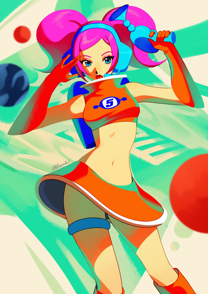 1girl, absurdres, blue_eyes, boots, breasts, crop_top, elbow_gloves, gloves, headphones, headset, highres, holding, knee_boots, microphone, midriff, miniskirt, navel, nifast_(greentail), pink_hair, shirt, short_hair, skirt, sleeveless, solo, space_channel_5, twintails, ufo_skirt, ulala