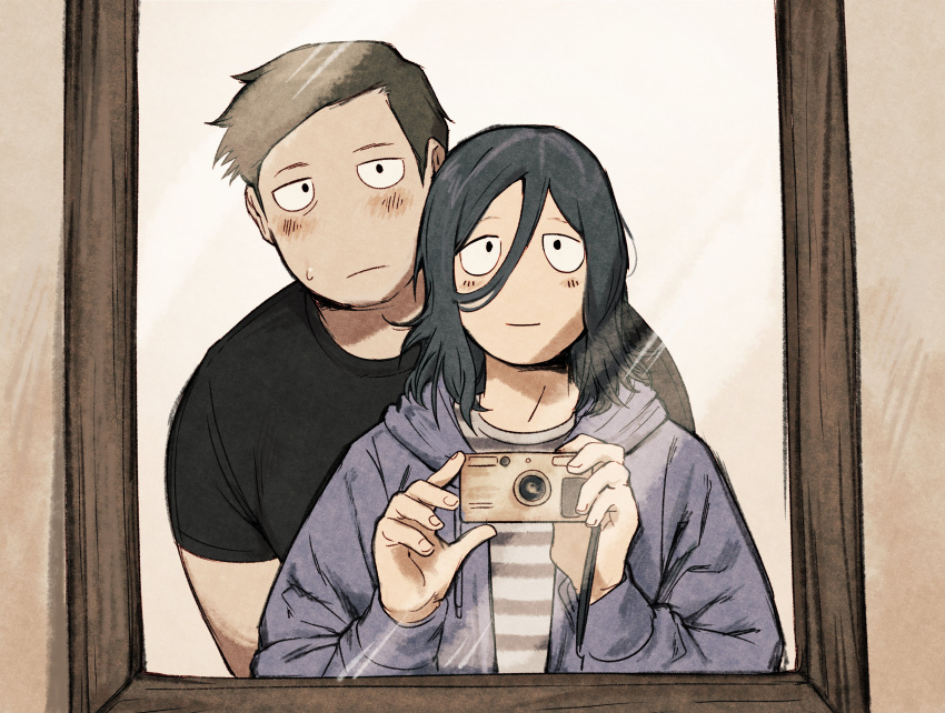 1boy, 1other, absurdres, angel_martinez, blush, brown_hair, camera, clinical_trial_(game)