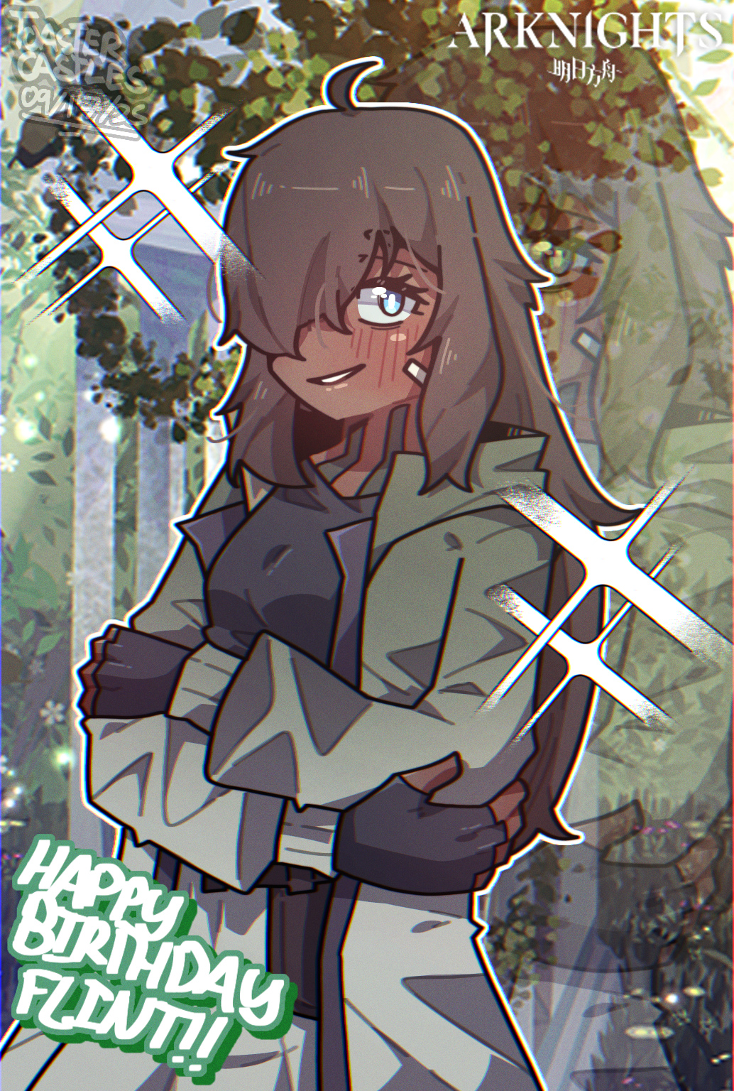 1girl, arknights, artist_name, bandaid, bandaid_on_face, black_gloves, black_hair, black_shirt, blue_eyes, blush, commentary, copyright_name, dark-skinned_female, dark_skin, dated, english_commentary, fingerless_gloves, flint_(arknights), flint_(gorgeous_flower)_(arknights), gloves, hair_over_one_eye, happy_birthday, highres, long_hair, looking_at_viewer, neck_tattoo, official_alternate_costume, outdoors, shirt, skirt, smile, solo, sparkle, tattoo, toastercastles, white_skirt
