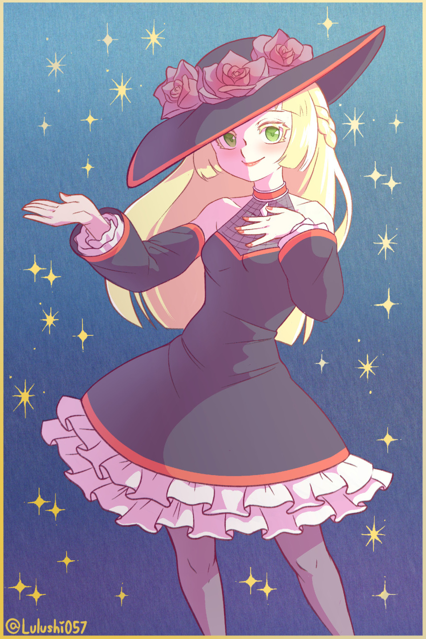 1girl, alternate_costume, black_dress, black_hat, blonde_hair, blue_background, dress, frilled_dress, frills, gradient_background, green_eyes, hand_on_own_chest, hat, highres, lillie_(pokemon), lulushi057, pokemon, pokemon_sm, red_lips, red_nails, solo, twitter_username