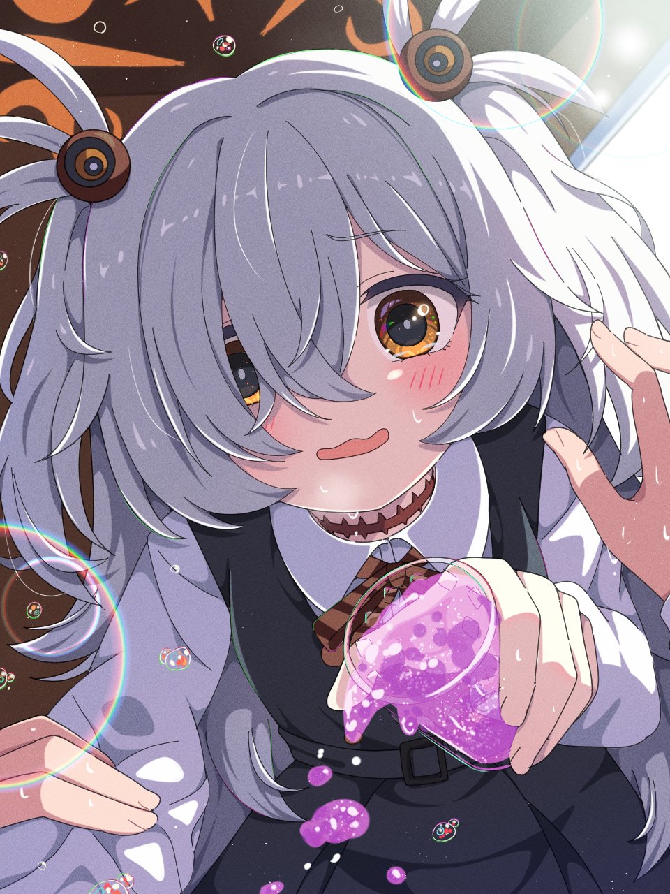 1boy, 1girl, black_dress, black_eyes, blue_archive, blush, bright_pupils, brown_choker