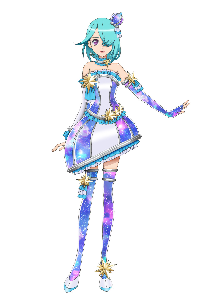 1girl, absurdres, bare_shoulders, blue_gloves, blue_hair, blue_shirt, blue_skirt, blue_thighhighs