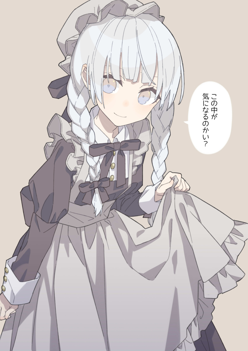 1boy, absurdres, amezaza, apron, black_dress, braid, crossdressing, crossdressing_(mtf), dress, grey_eyes, hat, highres, juliet_sleeves, juusan_kihei_bouei_ken, long_hair, long_sleeves, looking_at_viewer, low_twin_braids, maid, maid_apron, male_focus, male_maid, mob_cap, okino_tsukasa, puffy_sleeves, simple_background, smile, solo, speech_bubble, translation_request, trap, twin_braids, white_hair