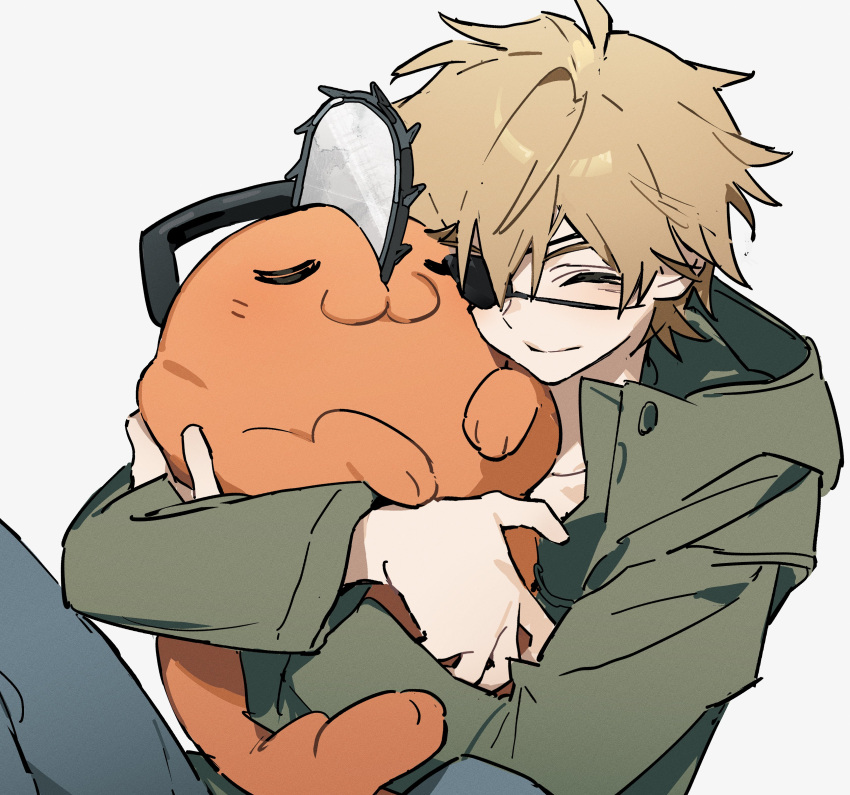 1boy, :3, absurdres, blonde_hair, blue_pants, chainsaw_man, closed_eyes, closed_mouth, coat, denim, denji_(chainsaw_man), eyepatch, green_coat, gyu9447, highres, hug, jeans, long_sleeves, male_focus, one_eye_covered, pants, parted_bangs, pochita_(chainsaw_man), short_hair, simple_background, sitting, smile, u_u, white_background