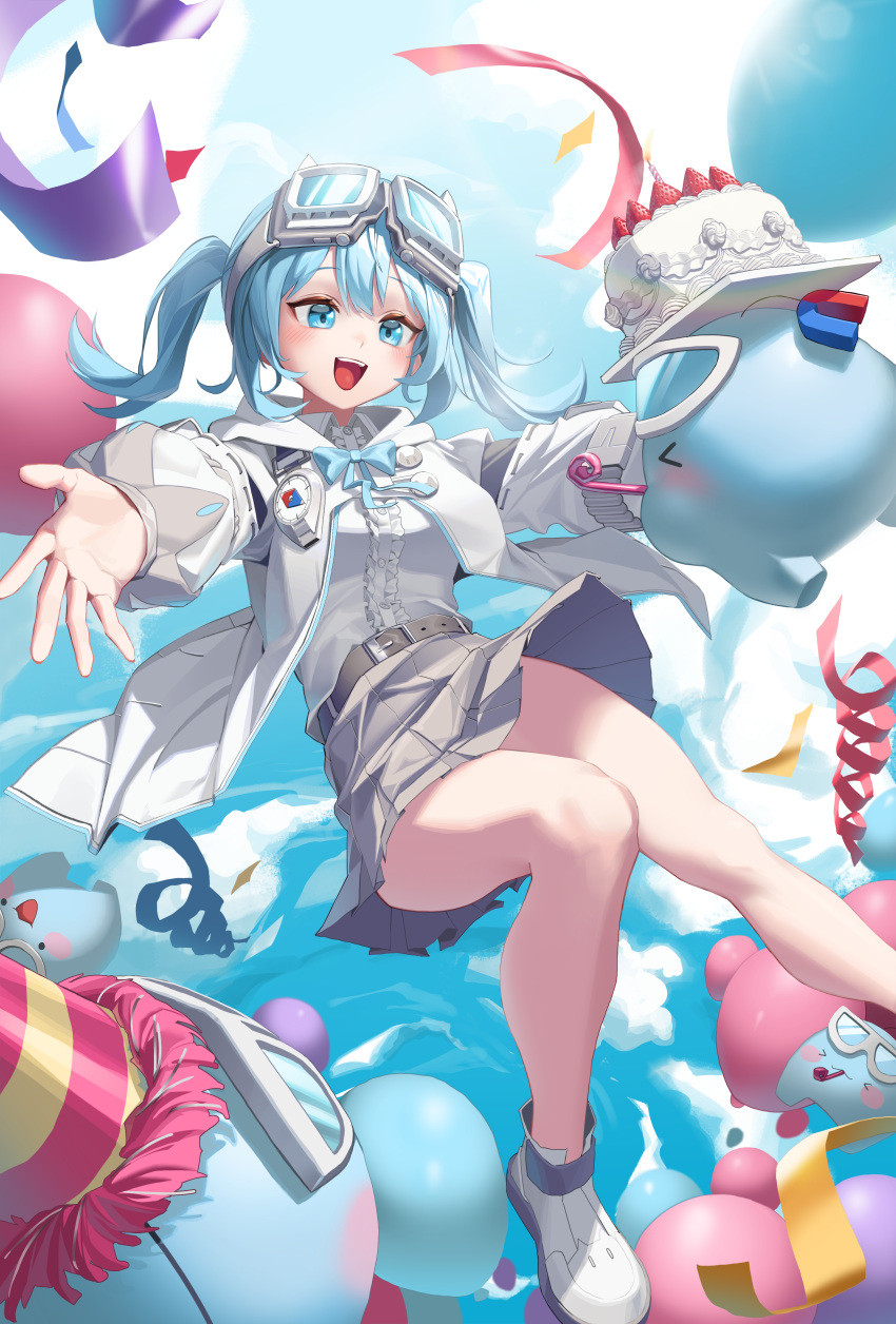 1girl, absurdres, arahashi_tabi, balloon, belt, belt_buckle, birthday_cake, blue_eyes