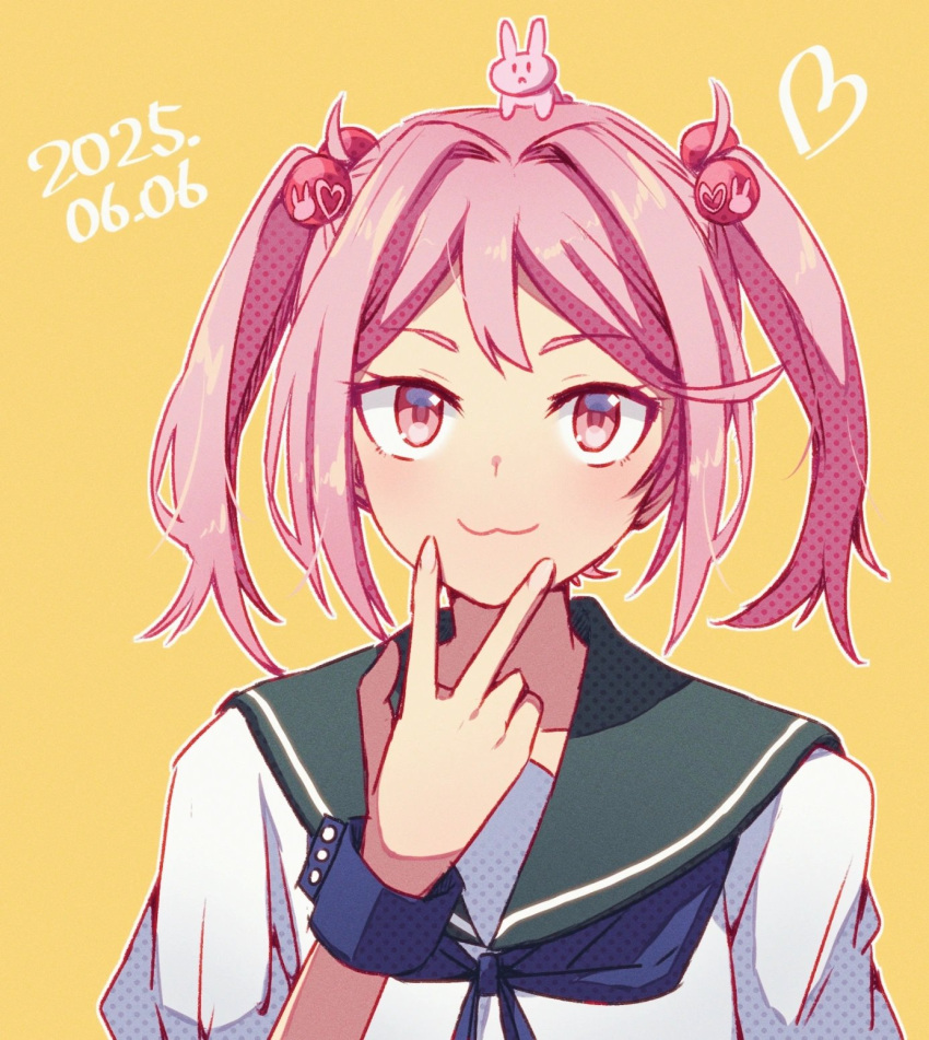 1girl, :3, blue_neckerchief, blush, commentary_request, dated, eyelashes, hair_bobbles, hair_ornament, highres, kantai_collection, looking_at_viewer, missou_shiro, neckerchief, pink_eyes, pink_hair, sailor_collar, sazanami_(kancolle), school_uniform, serafuku, solo, twintails, wrist_cuffs, yellow_background