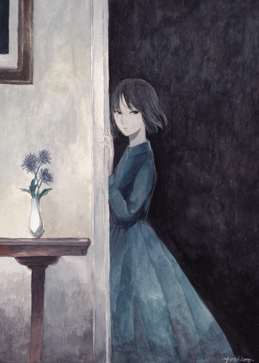 1girl, black_hair, closed_mouth, collared_dress, commentary_request, dress, expressionless, feet_out_of_frame