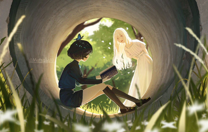 2girls, artist_name, black_hair, black_shirt, black_shoes, black_shorts, book, bug