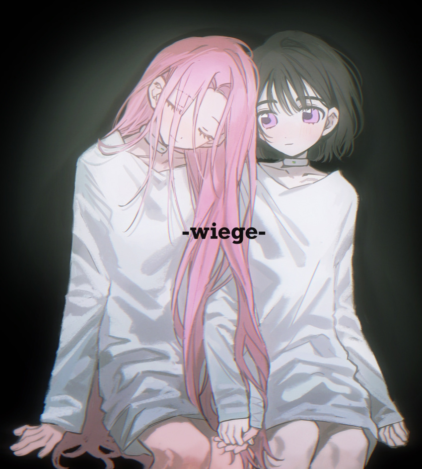 2girls, alien_stage, black_hair, chinese_commentary, choker, closed_eyes, commentary_request, dress
