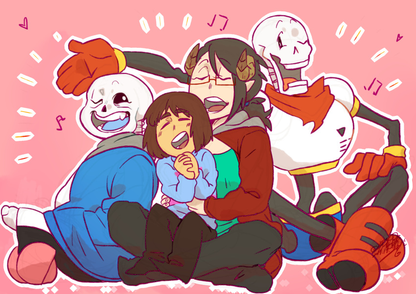 1girl, 1other, 2017, 2boys, 2d, absurdres, ambiguous_gender, armor, artist_self-insert, avimedes, black_hair, black_pants, black_shorts, blue_jacket, blue_shirt, blue_shorts, blue_tongue, brothers, brown_hair, brown_horns, cape, child, closed_eyes, colored_tongue, demon, demon_girl, digital_media, double_horizontal_stripe, drawstring, female, frisk_(undertale), glasses, gloves, grey_hood, hand_on_own_knee, heart, height_difference, highres, hollow_eyes, hood, hood_down, hooded_jacket, horizontal-striped_clothes, horns, human, humanoid, indian_style, interlocked_fingers, jacket, low_ponytail, male, monster, monster_boy, multiple_boys, musical_note, one_eye_closed, open_clothes, open_jacket, open_mouth, orange_tongue, original, original_character, outline, outstretched_arm, own_hands_clasped, own_hands_together, pants, papyrus_(undertale), pink_stripes, ponytail, rectangular_eyewear, red_background, red_cape, red_gloves, red_jacket, sans_(undertale), shirt, short_hair, shorts, siblings, simple_background, single_vertical_stripe, sitting, sitting_on_lap, sitting_on_person, skeleton, striped_clothes, striped_shirt, striped_shorts, teeth, tongue, two-tone_shirt, undead, undertale, utdr_(toby_fox), vertical-striped_clothes, vertical-striped_shorts, white_armor, white_outline, white_shirt, white_stripes