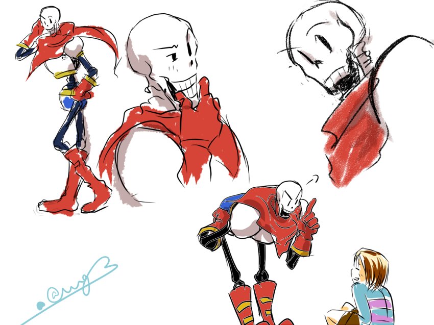 1boy, 1other, 2017, 2d, ambiguous_gender, armor, artist_name, bent_over, blue_shirt, blue_shorts, brown_hair, brown_shorts, cape, child, cropped_torso, digital_media, double_horizontal_stripe, duo, frisk_(undertale), full_body, gloves, hand_on_own_chin, hand_on_own_hip, height_difference, horizontal-striped_clothes, human, humanoid, index_finger_raised, male, monster, monster_boy, multiple_views, papyrus_(undertale), pink_stripes, red_cape, red_gloves, shirt, short_hair, shorts, signature, simple_background, skeleton, striped_clothes, striped_shirt, teeth, two-tone_shirt, undead, undertale, utdr_(toby_fox), wage3, white_armor, white_background