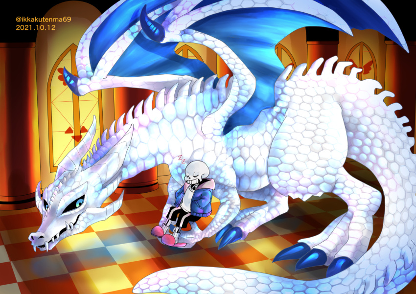 1boy, 2021, 2d, alternate_design, artist_name, black_sclera, black_shorts, blue_eyes, blue_jacket, checkered_floor, claws, closed_eyes, colored_sclera, creature, dated, digital_media, dragon, duo, floor, gasterblaster, grey_hood, hands_in_pockets, hood, hood_down, hooded_jacket, humanoid, ikkakutenma, in-universe_location, indoors, jacket, male, male_focus, monster, monster_boy, open_clothes, open_jacket, pillar, pink_slippers, sans_(undertale), scales, shirt, shorts, size_difference, skeleton, sleeping, slippers, socks, striped_shorts, teeth, twitter_username, undead, undertale, utdr_(toby_fox), vertical-striped_clothes, vertical-striped_shorts, white_scales, white_shirt, white_skin, white_socks, white_stripes, window, wings