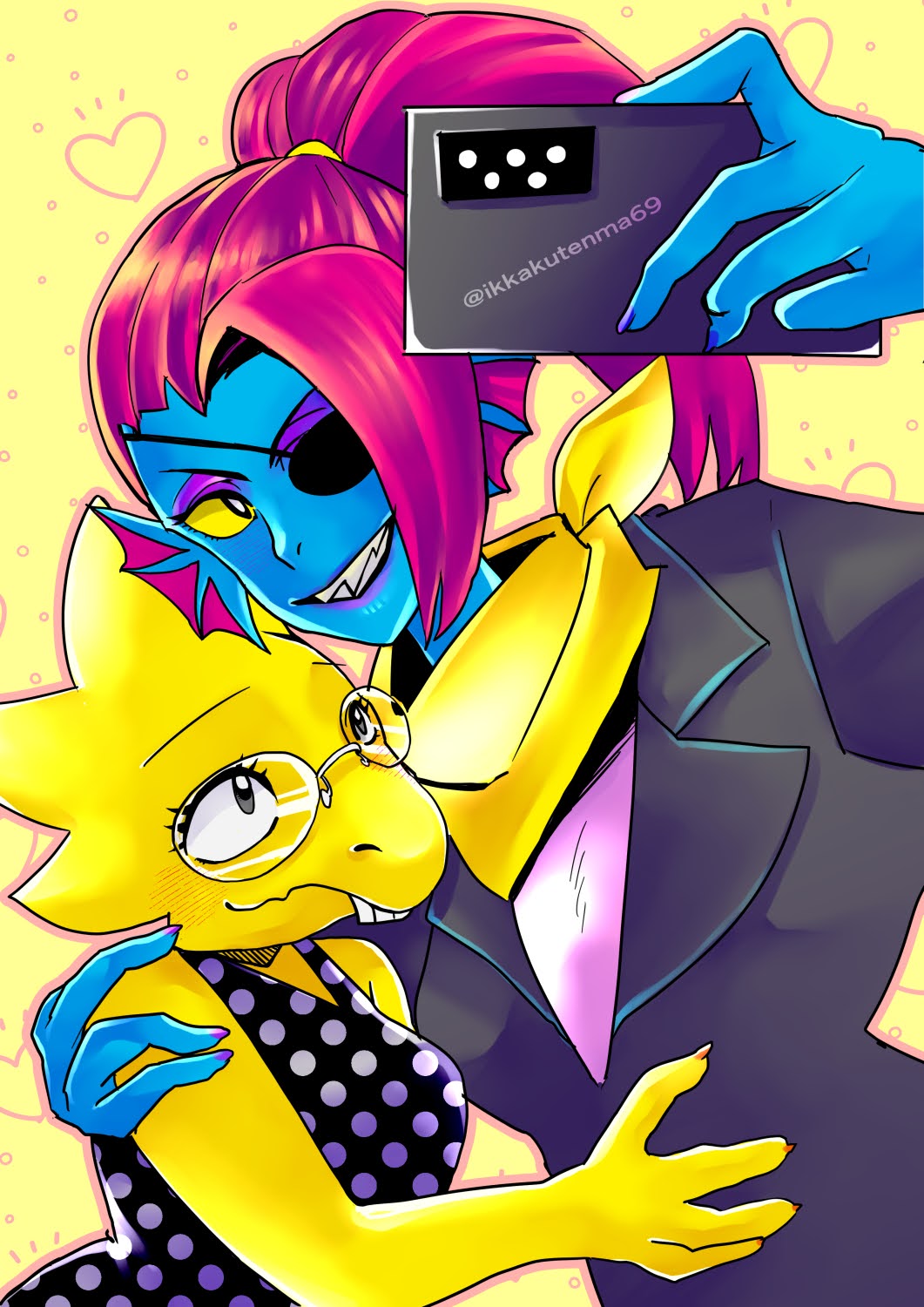 2021, 2d, 2girls, alphys, alternate_costume, anthro, artist_name, black_eyepatch