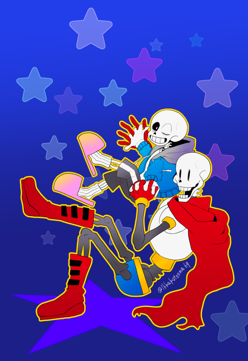 2023, 2boys, 2d, armor, artist_name, black_shorts, blue_background, blue_jacket