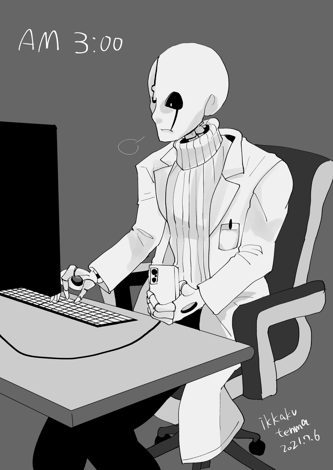 1boy, 2021, 2d, artist_name, at_computer, black_pants, cable, cellphone, chair, coat, computer, computer_keyboard, dated, digital_media, grey_background, holding, holding_cellphone, holding_phone, hollow_eyes, humanoid, ikkakutenma, lab_coat, male, male_focus, male_only, monster, monster_boy, office_chair, pants, phone, simple_background, sitting, smartphone, solo, sweater, swivel_chair, table, timestamp, turtleneck, turtleneck_sweater, typing, undertale, utdr_(toby_fox), w.d._gaster, white_coat, white_sweater, wire