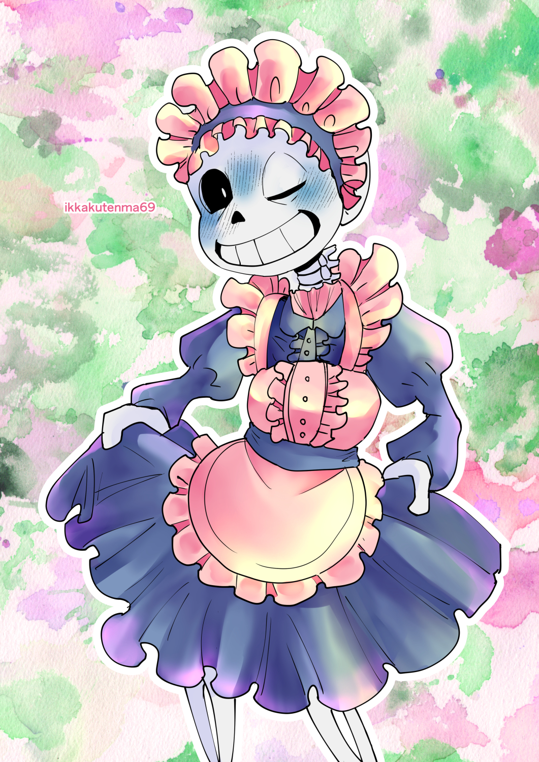 1boy, 2021, 2d, alternate_costume, apron, artist_name, black_dress, clothes_lift