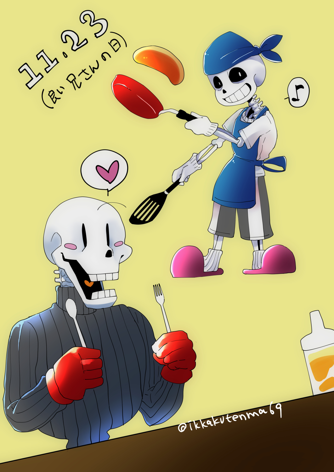 2021, 2boys, 2d, apron, artist_name, bandana, black_shorts, black_sweater