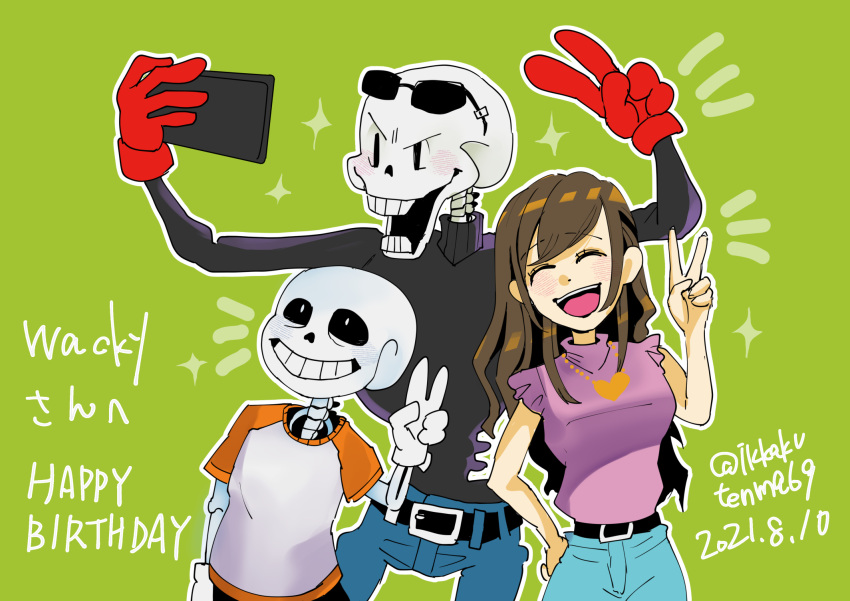 1girl, 2021, 2boys, 2d, aqua_pants, artist_name, belt, birthday, black_belt, black_sweater, blue_pants, brothers, brown_hair, cellphone, dated, digital_media, gloves, green_background, happy_birthday, height_difference, highres, holding, holding_cellphone, holding_phone, hollow_eyes, human, humanoid, ikkakutenma, long_hair, male, monster, monster_boy, multiple_boys, open_mouth, orange_shirt, orange_sleeves, original, original_character, pants, papyrus_(undertale), phone, red_gloves, sans_(undertale), selfie, shirt, siblings, simple_background, skeleton, smartphone, sweater, t-shirt, teeth, text, translation_request, trio, twitter_username, two-tone_shirt, undead, undertale, utdr_(toby_fox), v, white_gloves, white_shirt
