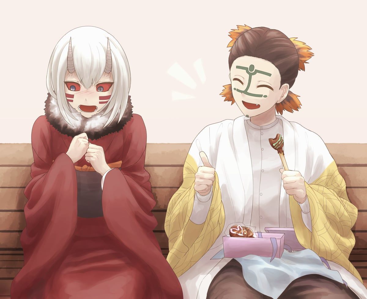1boy, 1girl, :d, bad_id, bad_pixiv_id, closed_eyes, colored_sclera, demon_boy