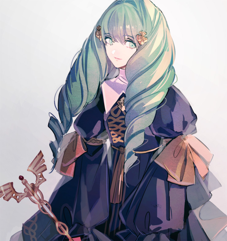 1girl, black_dress, dress, drill_hair, fire_emblem, fire_emblem:_three_houses, flayn_(fire_emblem), green_eyes