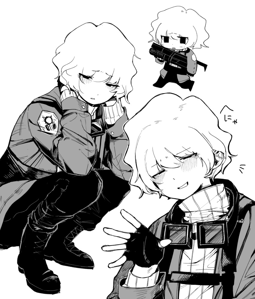 1boy, absurdres, anoon133, boots, chibi, chibi_inset, fingerless_gloves, gloves