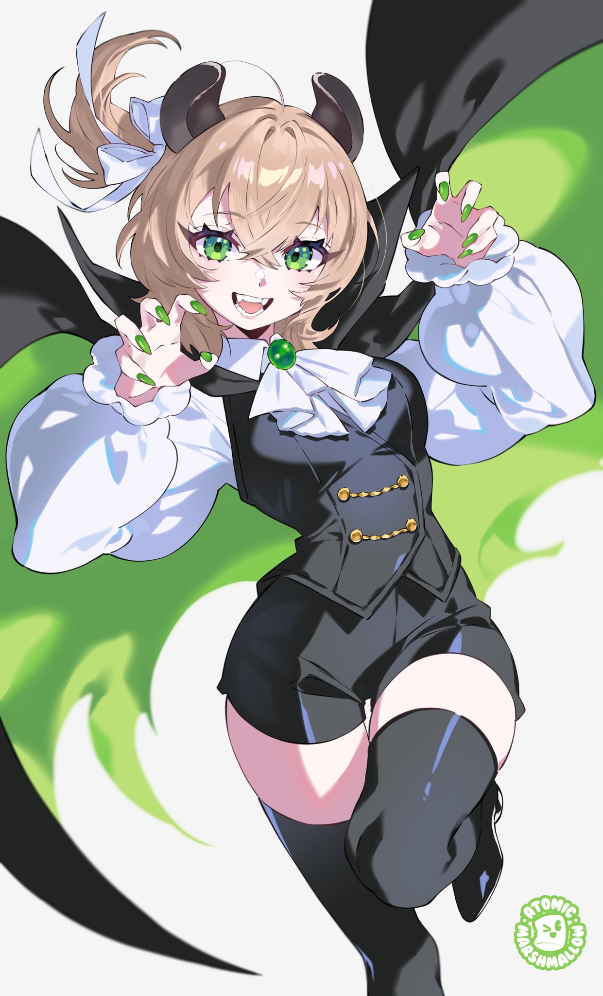 animal_ears, atomicmrshmallw, brown_hair, cape, fingernails, green_eyes, green_nails, hair_ribbon
