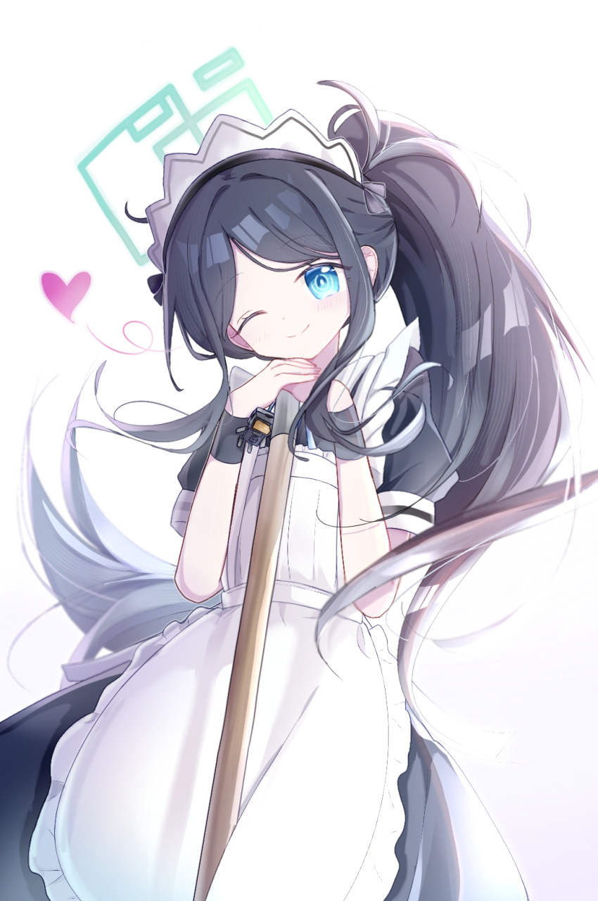 1girl, ;), apron, aqua_halo, aris_(blue_archive), aris_(maid)_(blue_archive), black_dress, black_hair