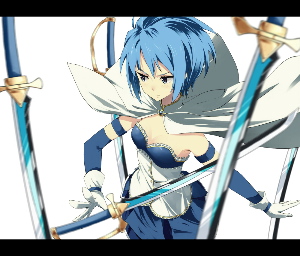 armband, blue_eyes, blue_hair, cape, gloves, letterboxed, magical_girl, mahou_shoujo_madoka_magica