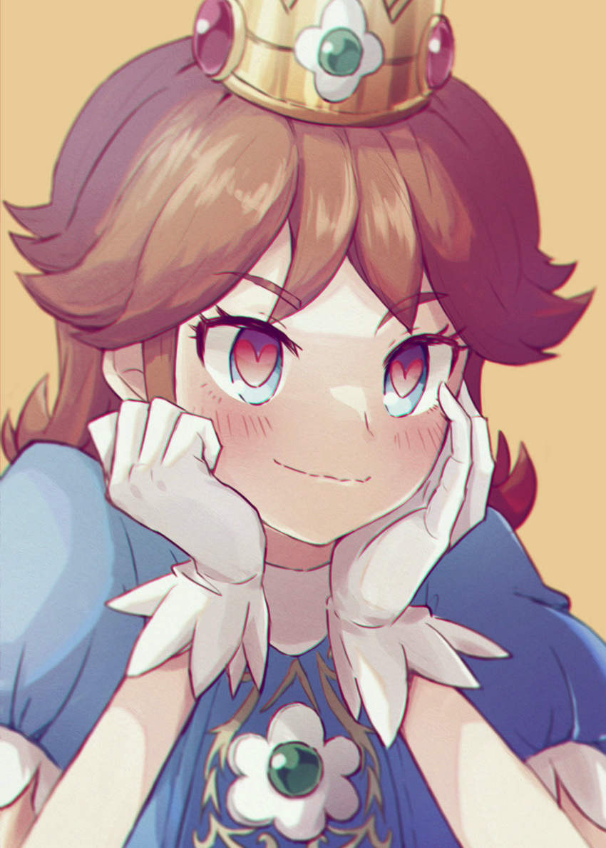 1girl, blue_dress, blush, brown_hair, commentary_request, crown, dress, eyelashes, gloves, hands_on_own_face, heart, heart-shaped_pupils, highres, lovestruck, missou_shiro, princess_daisy, puffy_short_sleeves, puffy_sleeves, short_sleeves, smile, solo, super_mario_bros., super_smash_bros., symbol-shaped_pupils, upper_body, white_gloves, yellow_background