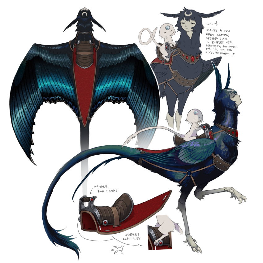 1girl, 1other, ^_^, aqua_feathers, black_feathers, black_wings, blue_feathers, blue_gemstone