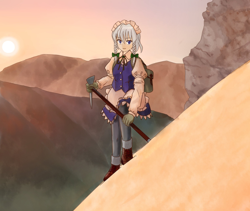 1girl, blue_eyes, braid, cliff, gloves, highres, holding_mattock, izayoi_sakuya