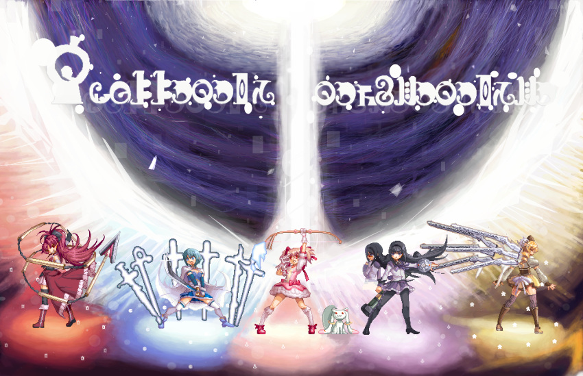 akemi_homura, bazooka, beret, black_hair, blonde_hair, blue_hair, boots, bow