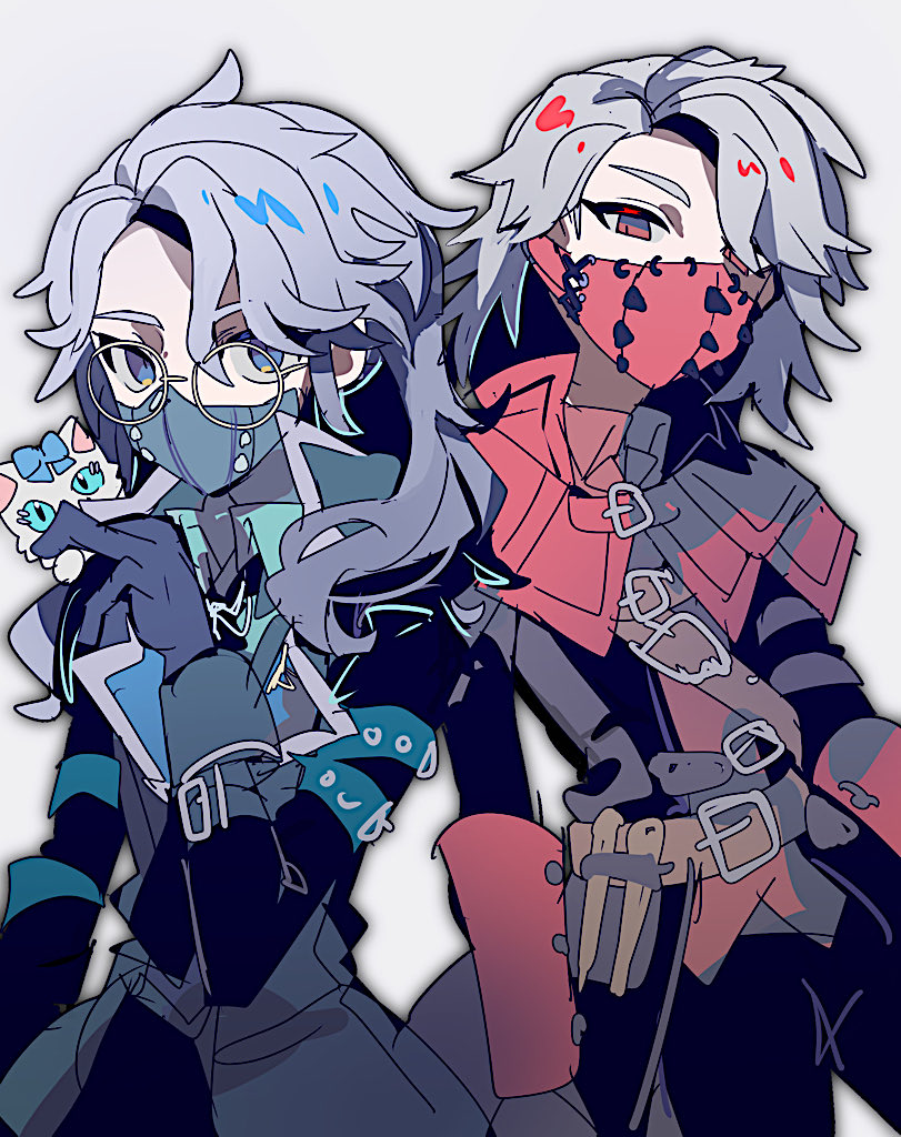 1boy, aesop_carl, aesop_carl_(exorcist), aesop_carl_(iridescence), belt, black_gloves, black_jacket, black_pants, blue_eyes, blue_gloves, buckle, cat, coat, glasses, gloves, grey_hair, identity_v, jacket, long_hair, long_sleeves, looking_at_viewer, male_focus, mask, mdr_31, mouth_mask, pants, red_eyes, shirt, simple_background, strap, white_background