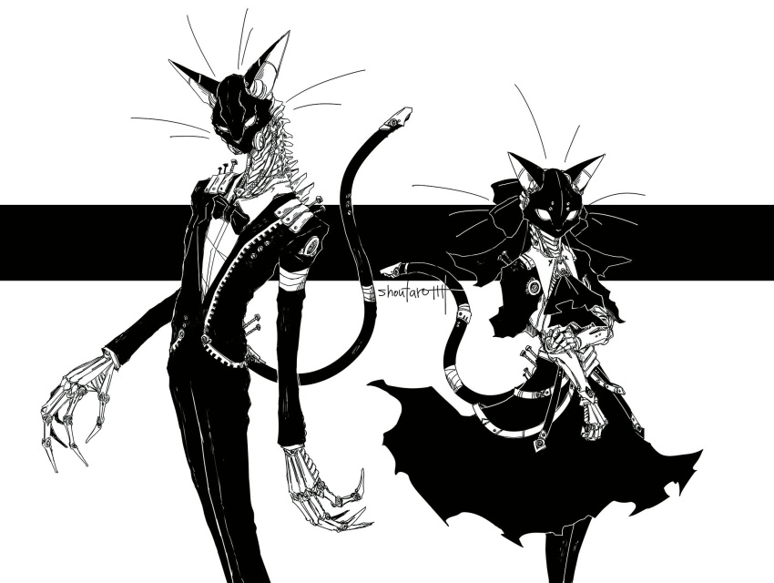 1boy, 1girl, animal_ears, animal_head, ascot, bow, bowtie, cat_boy