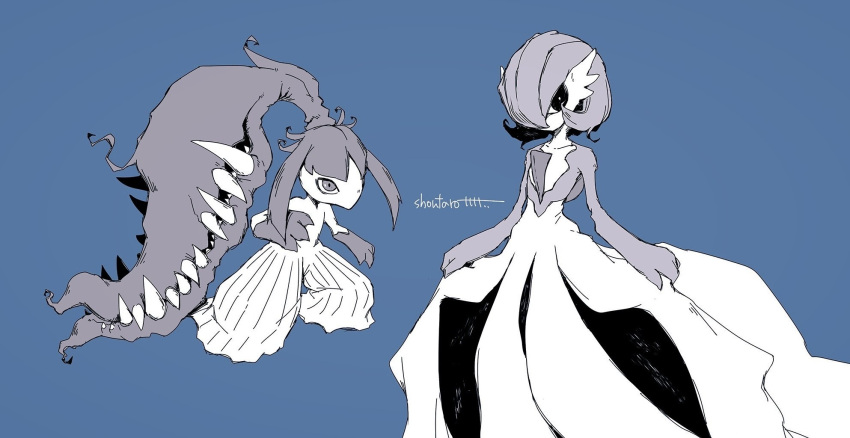 1girl, 1other, artist_name, big_hair, blue_background, bob_cut, collarbone, commentary