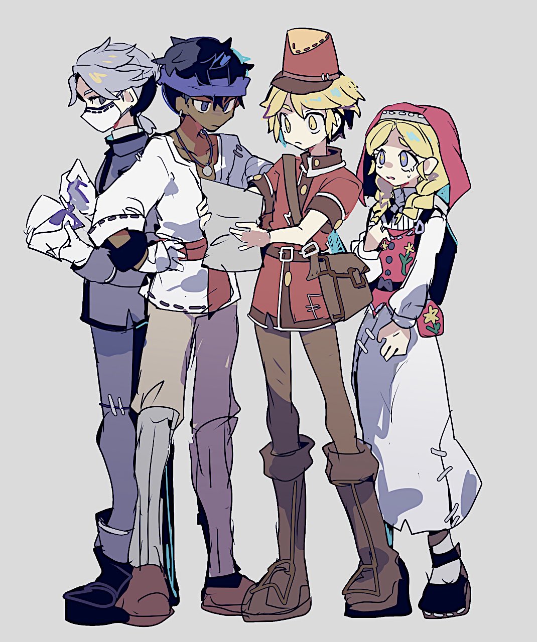 1girl, 3boys, aesop_carl, anne_lester, bag, belt, black_hair, blonde_hair