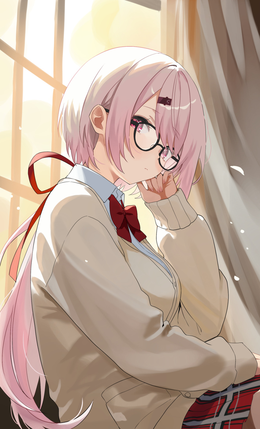 1girl, absurdres, black-framed_eyewear, blush, bow, bowtie, breasts, cardigan