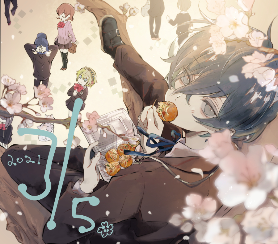 2boys, 2girls, aigis_(persona), black_jacket, black_pants, black_shoes, blue_eyes, blue_hair