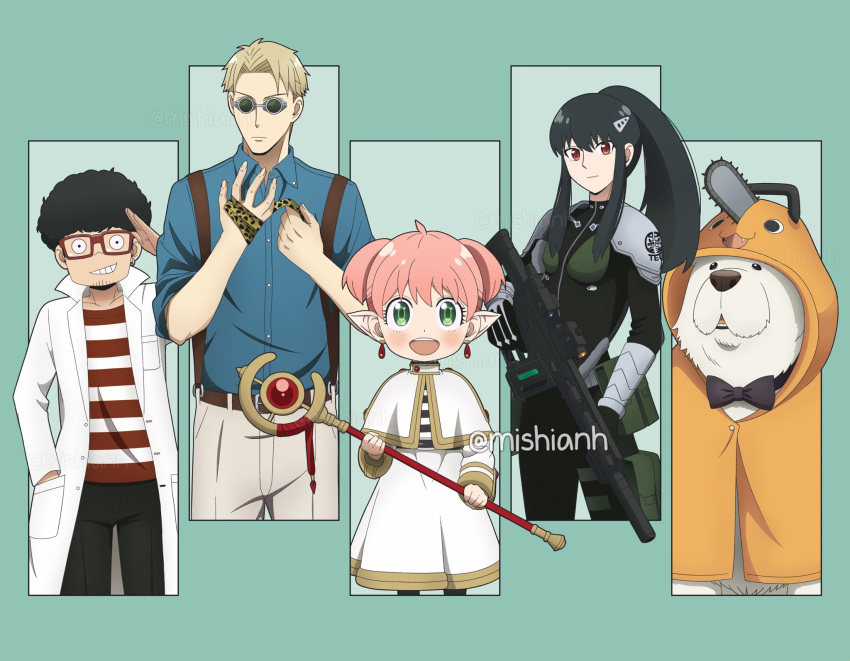 2boys, 2girls, ahoge, animal_hood, anya_(spy_x_family), ashiro_mina, ashiro_mina_(cosplay), bandaged_hand, bandages, black_bow, black_bowtie, black_hair, black_pants, blonde_hair, blue_shirt, blush, body_armor, bond_(spy_x_family), bow, bowtie, capelet, child, closed_mouth, collared_shirt, cosplay, cowboy_shot, dog, earrings, franky_franklin, frieren, frieren_(cosplay), glasses, goggles, gold_trim, green_eyes, gun, highres, holding, holding_gun, holding_staff, holding_weapon, hood, jewelry, lab_coat, long_hair, mishi_anh, multiple_boys, multiple_girls, nanami_kento, nanami_kento_(cosplay), open_mouth, pants, parted_bangs, pink_hair, pochita_(chainsaw_man), pochita_(chainsaw_man)_(cosplay), pointy_ears, ponytail, red_eyes, salute, shirt, short_hair, short_twintails, sidelocks, skirt, sleeves_rolled_up, smile, spy_x_family, staff, striped_clothes, striped_shirt, suspenders, twilight_(spy_x_family), twintails, viktor_licht, viktor_licht_(cosplay), weapon, white_capelet, white_pants, white_skirt, yor_briar