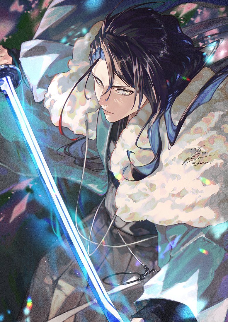 1boy, aqua_haori, black_hair, black_kimono, blue_hair, fadingz, fate/grand_order, fate_(series), fur_shawl, grey_hakama, hakama, haori, holding, holding_sword, holding_weapon, japanese_clothes, kimono, kondou_isami_(fate), kondou_isami_(white_kotetsu)_(fate), long_hair, red_hair, shawl, solo, sword, three-tone_hair, weapon